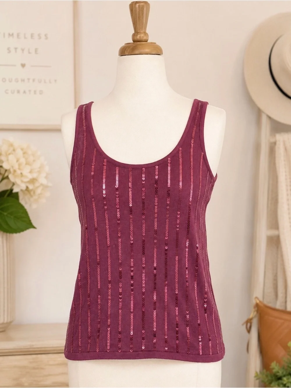 Michael Kors Wine Sequin Vertical-Stripe Tank Top